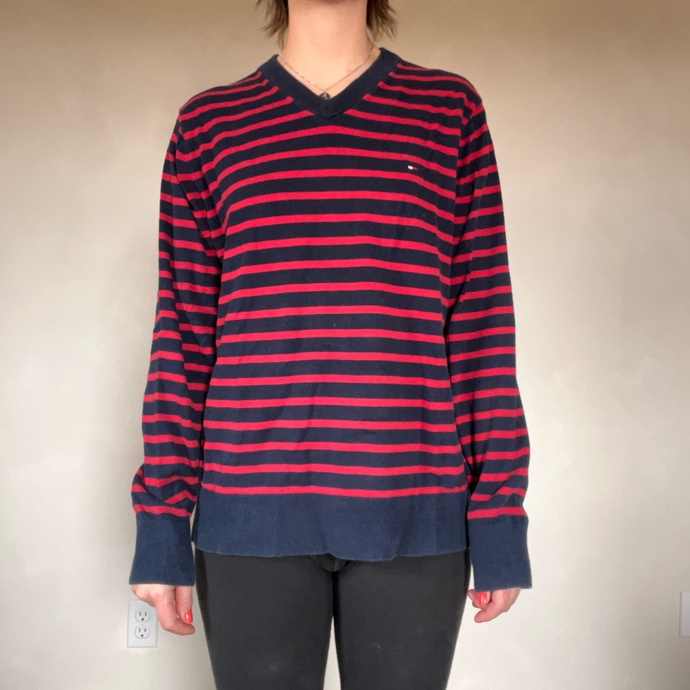 Tommy Hilfiger Red and Navy Striped V-Neck Sweater